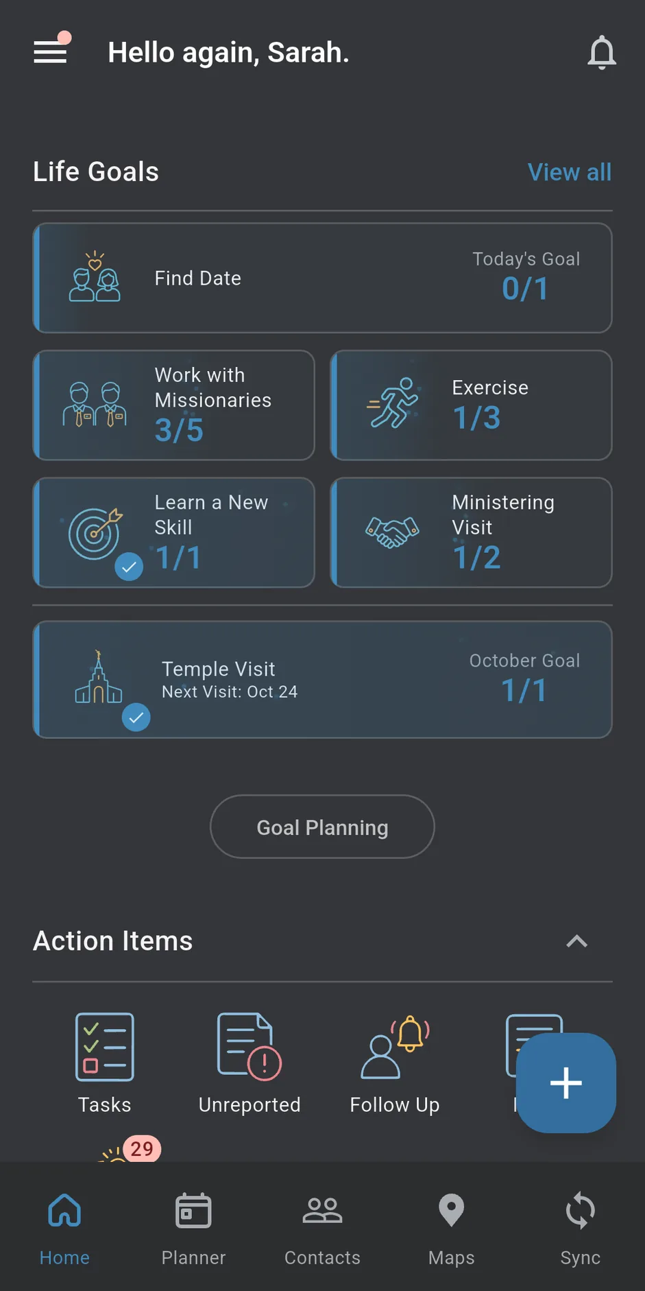 Next Transfer Home screen, showing life goals and weekly indicators