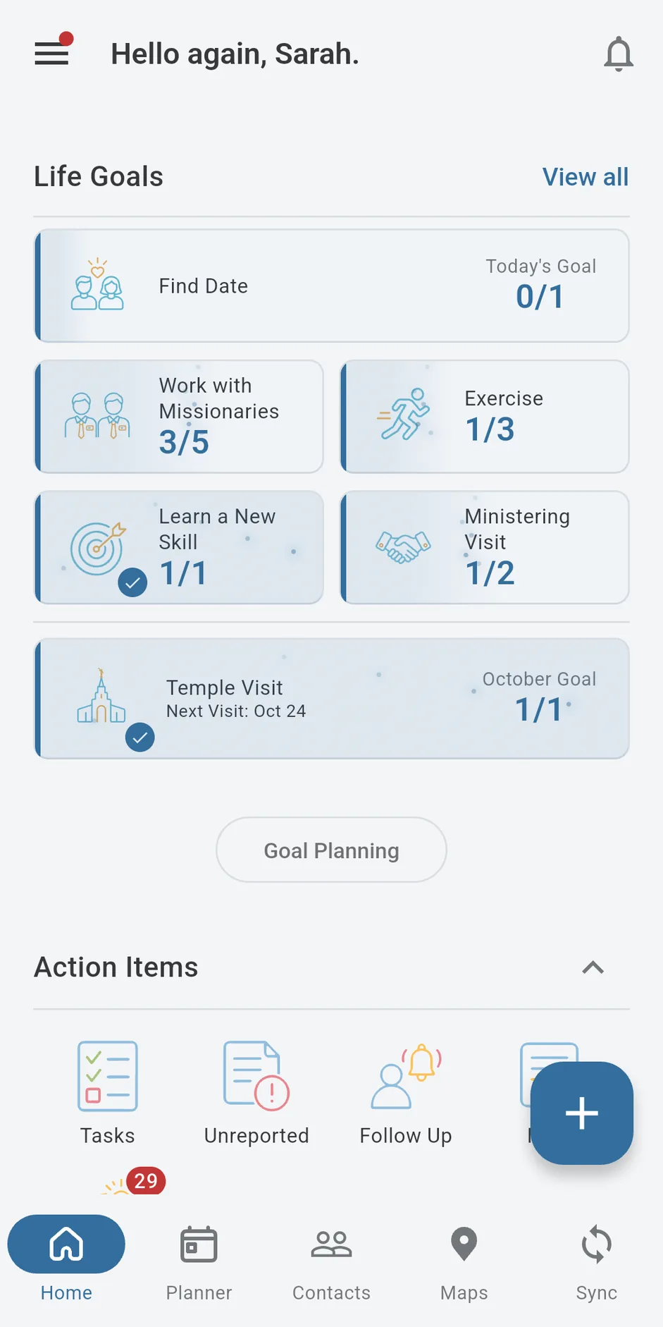 Next Transfer Home screen, showing life goals and weekly indicators