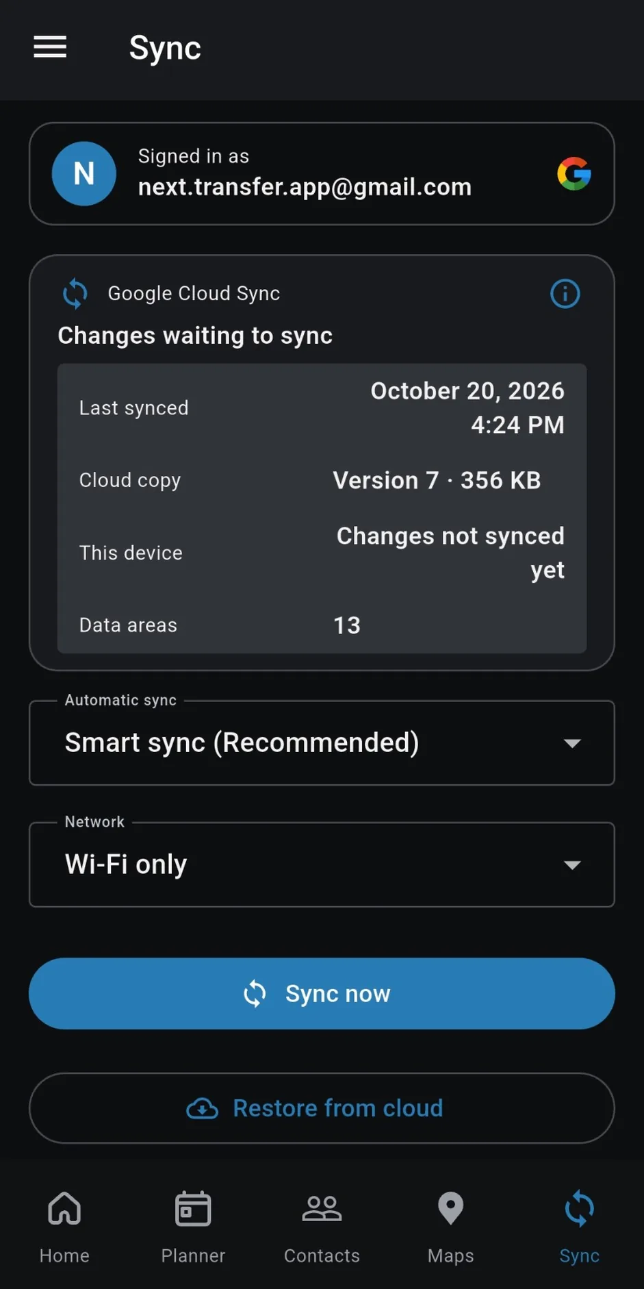 Sync screen with Google cloud backup status