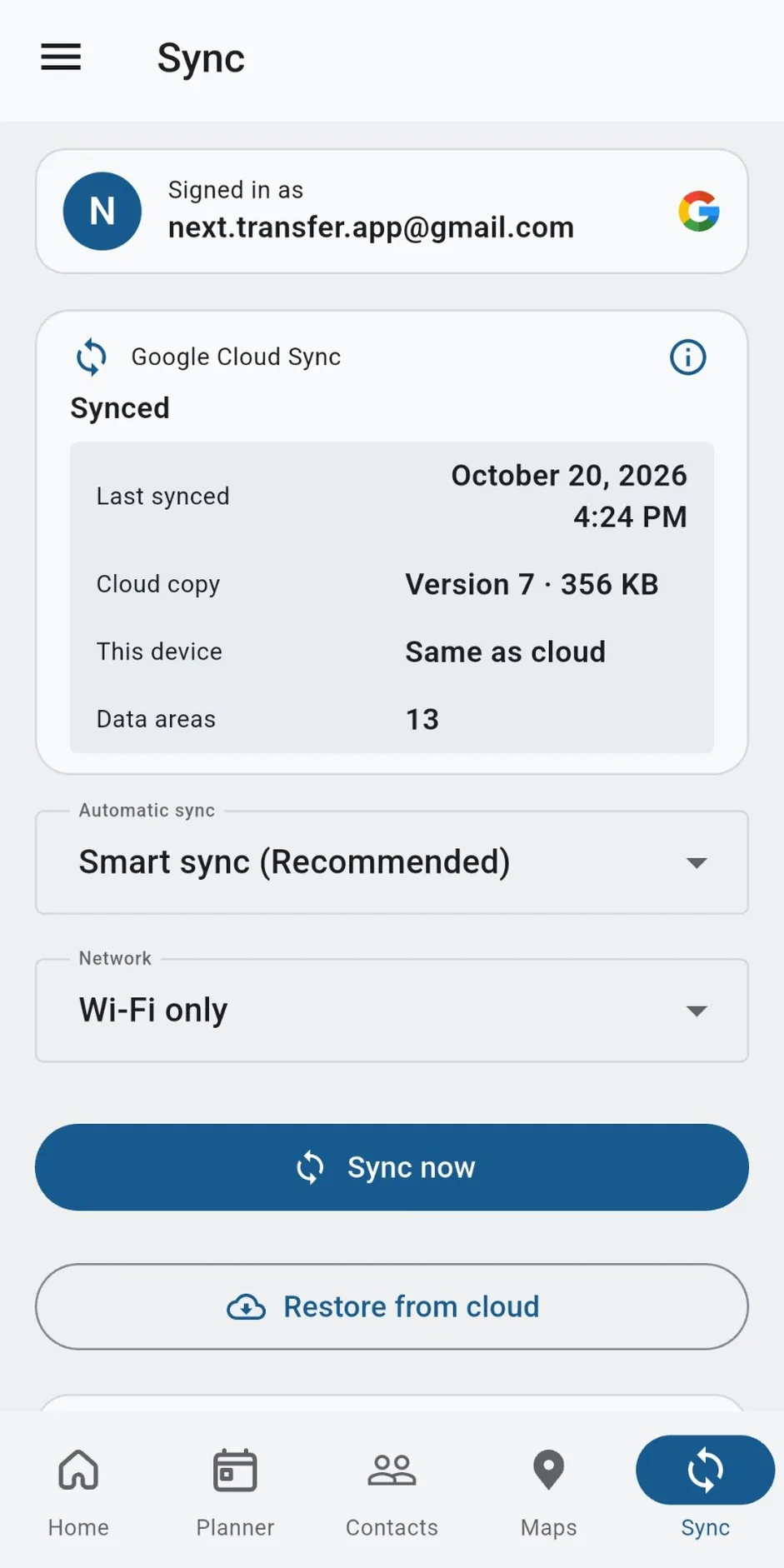 Sync screen with Google cloud backup status
